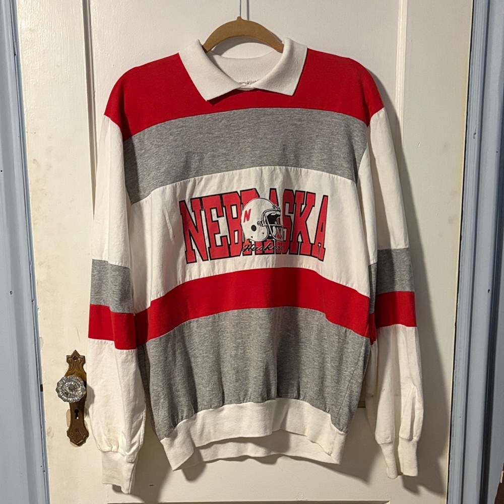 Vintage Nebraska Huskers striped rugby pullover
